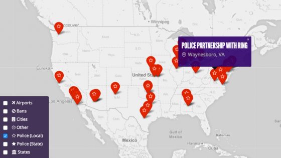 Publicado un mapa de Ring donde se muestra los departamentos de policía que colaboran con ellos
