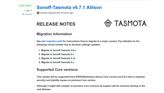 Finalmente Tasmota sube a la versión 6.7.1