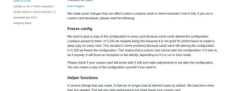 aviso de que con la versión 0.106 de Home Assistant podrían fallar algunas cards de lovelace