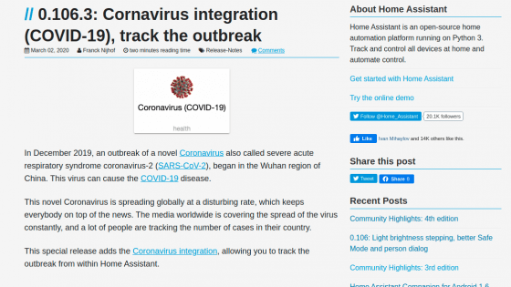 Home Assistant 0.106.3 integra el seguimiento al Coronavirus COVID-19