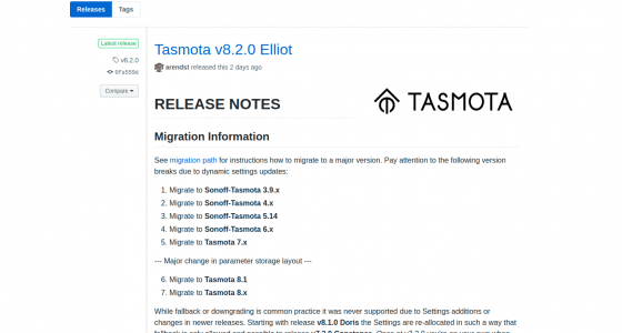 Tasmota actualiza a la versión 8.2.0 llamada Elliot