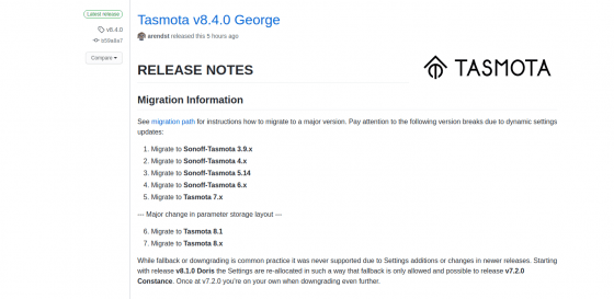 Tasmota se actualiza a la versión 8.4.0 llamada George