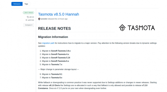 Tasmota se actualiza a la versión 8.5.0 Hannah